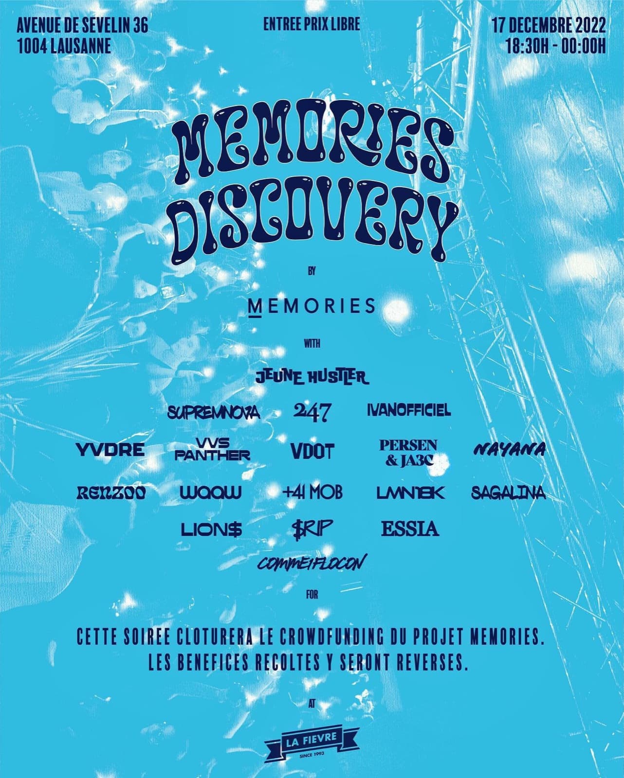 Affiche Memories Discovery, 17 décembre 2022, soirée de clôture du crowdfunding