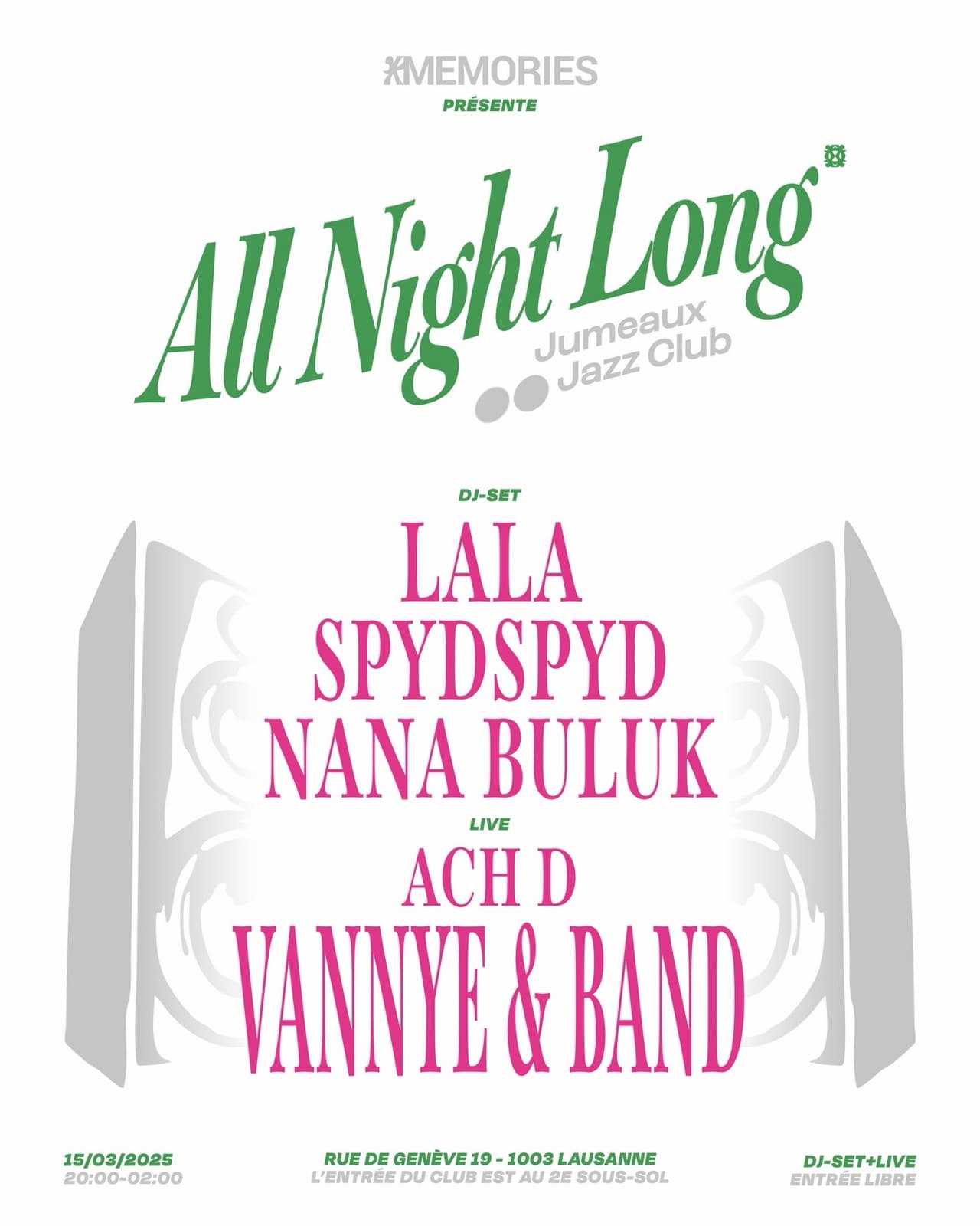 Affiche All Night Long au Jumeaux Jazz Club : Lala, Spydspyd, Nana Buluk, Ach D, Vannye & Band